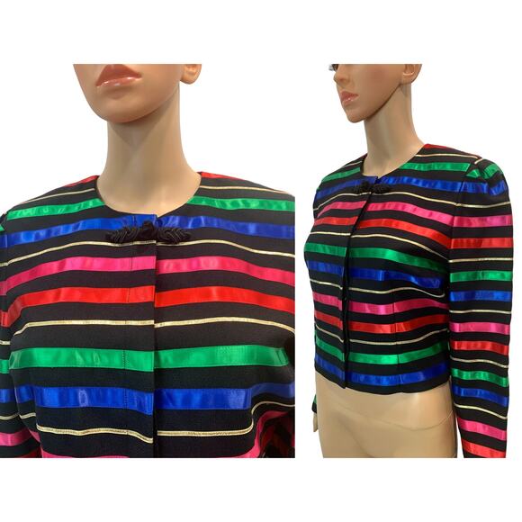 90s Jacqueline Ferrar Multicolor RIBBON Striped Crop Jacket | 8P SMALL - Picture 1 of 9